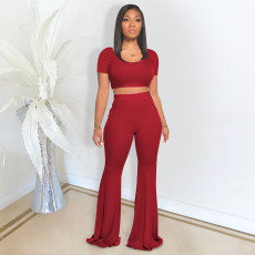 Solid Color Short Sleeve Flare Pant 2 Piece Set DDF-8073