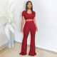 Solid Color Short Sleeve Flare Pant 2 Piece Set DDF-8073