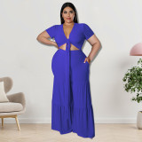 Plus Size Solid  Tie Up Short Sleeve Two Piece Pant Set GDAM-218191