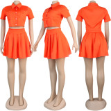Short Sleeve Solid Pleated Skirt Two Piece Set BMF-010