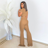 Solid Color Short Sleeve Flare Pant 2 Piece Set DDF-8073