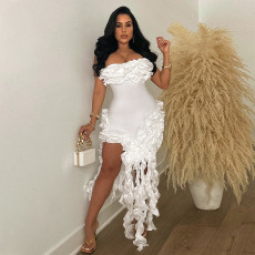 Sexy Solid Irregular Tassel High Split Midi Dress CYA-901043