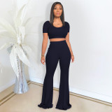 Solid Color Short Sleeve Flare Pant 2 Piece Set DDF-8073