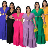 Plus Size Solid  Tie Up Short Sleeve Two Piece Pant Set GDAM-218191