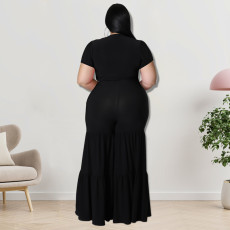 Plus Size Solid  Tie Up Short Sleeve Two Piece Pant Set GDAM-218191