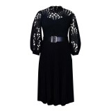 Lace Hollow Out Patchwork Solid Midi Dress GATE-254