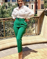 High Waist Belt Solid Suit Pants GATE-P01A