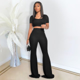 Solid Color Short Sleeve Flare Pant 2 Piece Set DDF-8073