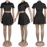 Short Sleeve Solid Pleated Skirt Two Piece Set BMF-010