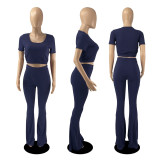 Solid Color Short Sleeve Flare Pant 2 Piece Set DDF-8073