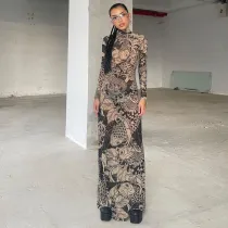 Print Long Sleeve Mesh Slim Maxi Dress GZJQ-K23D33779