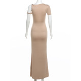 Solid Color Slash Neck Slim Maxi Dress DLSF-24D43826