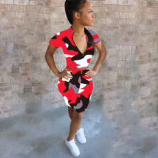 Camouflage Print Short Sleeve Two Piece Shorts Set HMS-6286