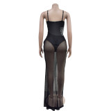 Mesh Hot Drill Patchwork Maxi Dress GFYX-6883
