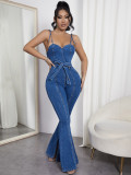 Sexy Back Strap Wide Leg Denim Jumpsuit LX-6980
