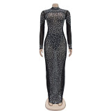 Solid Color Hot Drill Long Sleeve Maxi Dress GFYX-6890