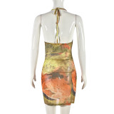 Mesh Print Irregular Sling Mini Dress GFRT-31729SHY