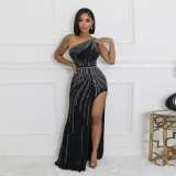 Hot Drill Slash Shoulder High Split Evening Dress CYA-901195