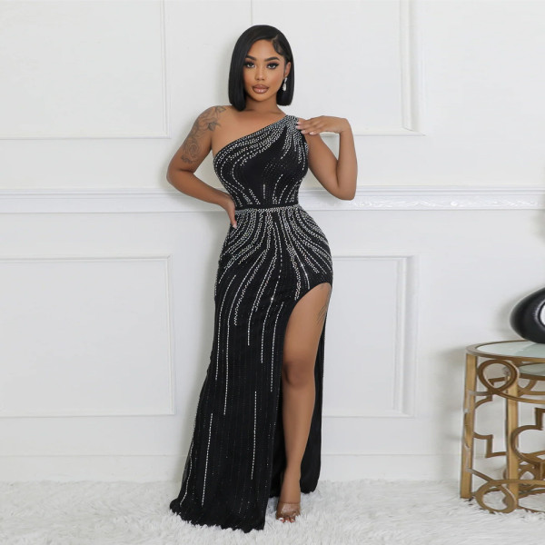 Hot Drill Slash Shoulder High Split Evening Dress CYA-901195