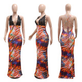 V Neck Backless Print Maxi Dress CYA-901202
