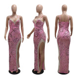 V Neck Sequin Irregular Hot Drill Split Maxi Dress CYA-901171
