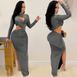 Long Sleeve Hollow Out Split Maxi Dress GFYX-5550