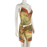 Mesh Print Irregular Sling Mini Dress GFRT-31729SHY