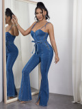 Sexy Back Strap Wide Leg Denim Jumpsuit LX-6980