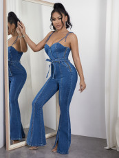 Sexy Back Strap Wide Leg Denim Jumpsuit LX-6980