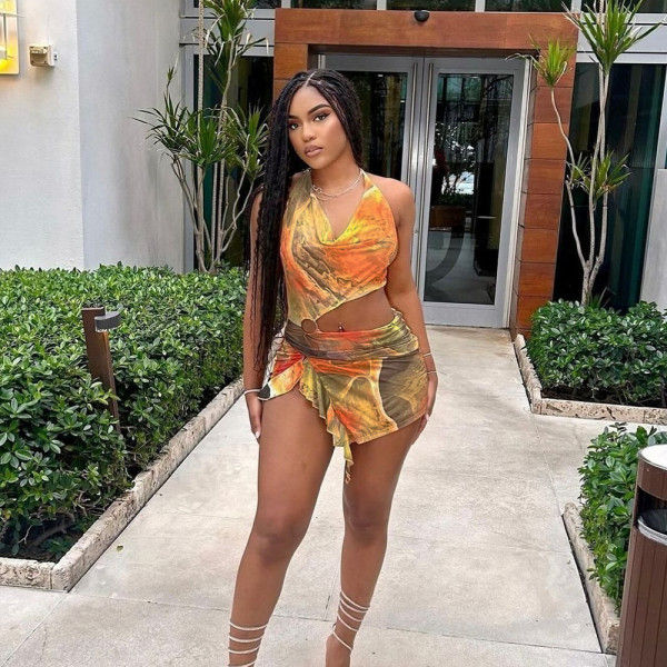 Mesh Print Irregular Sling Mini Dress GFRT-31729SHY