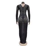 Solid Color Hot Drill Long Sleeve Maxi Dress GFYX-6890