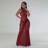 Lace Halter Backless Slim Maxi Dress CYA-901214