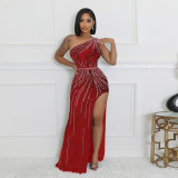 Hot Drill Slash Shoulder High Split Evening Dress CYA-901195