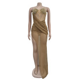 Mesh Hot Drill Patchwork Maxi Dress GFYX-6883