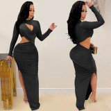 Long Sleeve Hollow Out Split Maxi Dress GFYX-5550