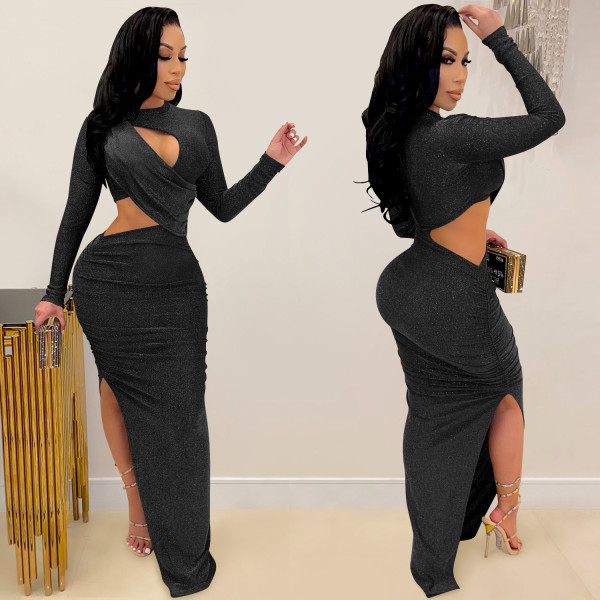 Long Sleeve Hollow Out Split Maxi Dress GFYX-5550