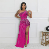 Hot Drill Slash Shoulder High Split Evening Dress CYA-901195