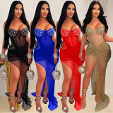 Mesh Hot Drill Patchwork Maxi Dress GFYX-6883