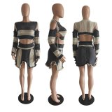 Hollow Out Color Block Irregular Skirt Set GCNF-0219