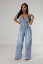 Casual Wrap Chest Straight Denim Jumpsuit LX-6978