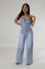 Casual Wrap Chest Straight Denim Jumpsuit LX-6978
