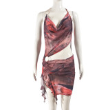 Mesh Print Irregular Sling Mini Dress GFRT-31729SHY