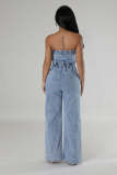 Casual Wrap Chest Straight Denim Jumpsuit LX-6978