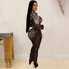 Solid Color Hot Drill Long Sleeve Maxi Dress GFYX-6890