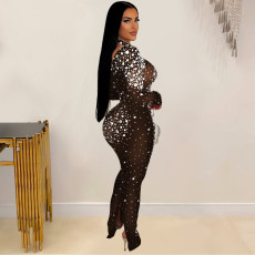 Solid Color Hot Drill Long Sleeve Maxi Dress GFYX-6890