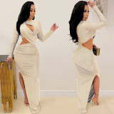 Long Sleeve Hollow Out Split Maxi Dress GFYX-5550