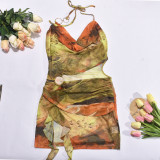 Mesh Print Irregular Sling Mini Dress GFRT-31729SHY