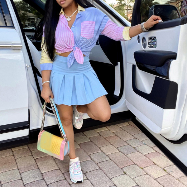 Stripe Print 3/4 Sleeve Shirt Two Piece Skirt Set HMS-6438