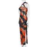 Tie Dye Print Sleeveless Backless Split Maxi Dress GFRT-7925DG