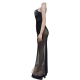 Mesh Hot Drill Patchwork Maxi Dress GFYX-6883